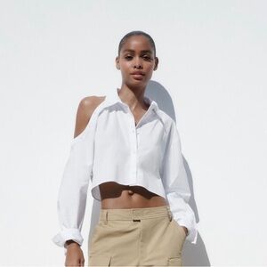 Zara Crop Poplin Shirt - Cut Out Shoulder Detail